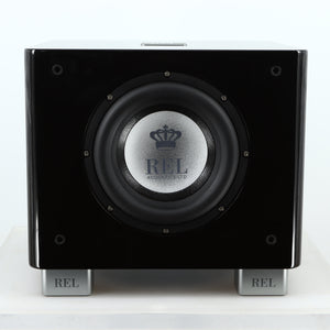 Front view of a used REL T-7X Subwoofer in a piano black finish 