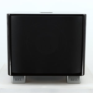 Front view of a used REL T-7X Subwoofer in a piano black finish showing the grille