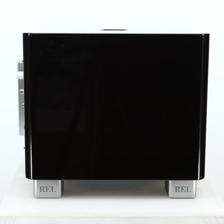 Left side view of a used REL T-7X Subwoofer in a piano black finish