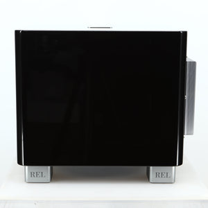 Right side view of a used REL T-7X Subwoofer in a piano black finish