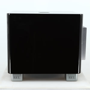 Right side view of a used REL T-7X Subwoofer in a piano black finish