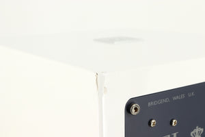 Close up of a used REL T-Zero MKIII Subwoofer in a piano white finish showing damage on rear right corner