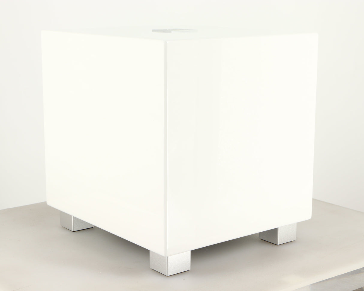 Front left corner of a used REL T-Zero MKIII Subwoofer in a piano white finish