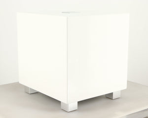 Front left corner of a used REL T-Zero MKIII Subwoofer in a piano white finish