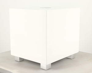 Front right corner of a used REL T-Zero MKIII Subwoofer in a piano white finish