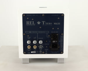 Rear view of a used REL T-Zero MKIII Subwoofer in a piano white finish showing Mains Input and Hi-Level Input
