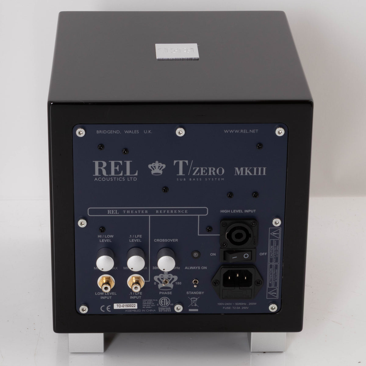Rear view of a used REL T-Zero Subwoofer in a Piano Black finish showing Mains Input and Hi-Level Input