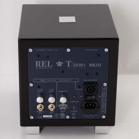 Rear view of a used REL T-Zero Subwoofer in a Piano Black finish showing Mains Input and Hi-Level Input