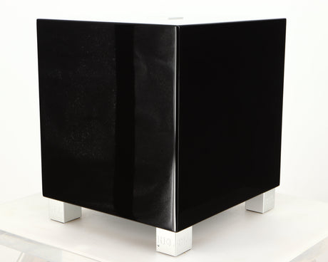 Front right corner of a used REL T5i Subwoofer in a piano black finish