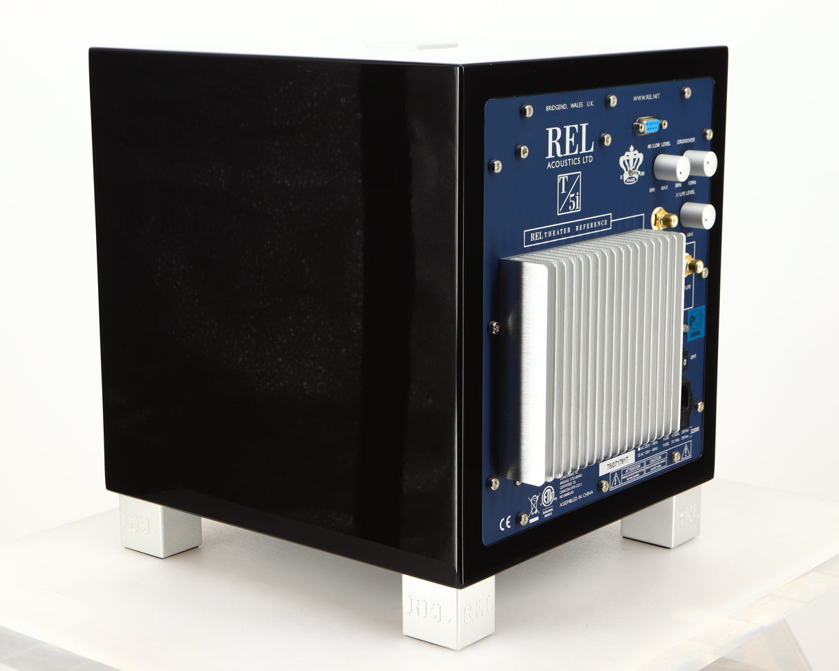 Rear right corner of a used REL T5i Subwoofer in a piano black finish