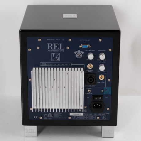 Rear view of a used REL T5i Subwoofer in a Piano Black finish showing Hi-Level Input and Mains Input