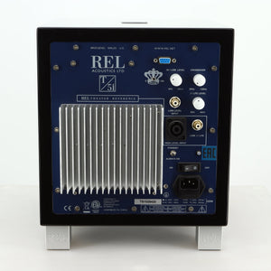 Rear view of a REL T5i Subwoofer with a piano black finish showing High Level Input, Low Level Input and Mains Input