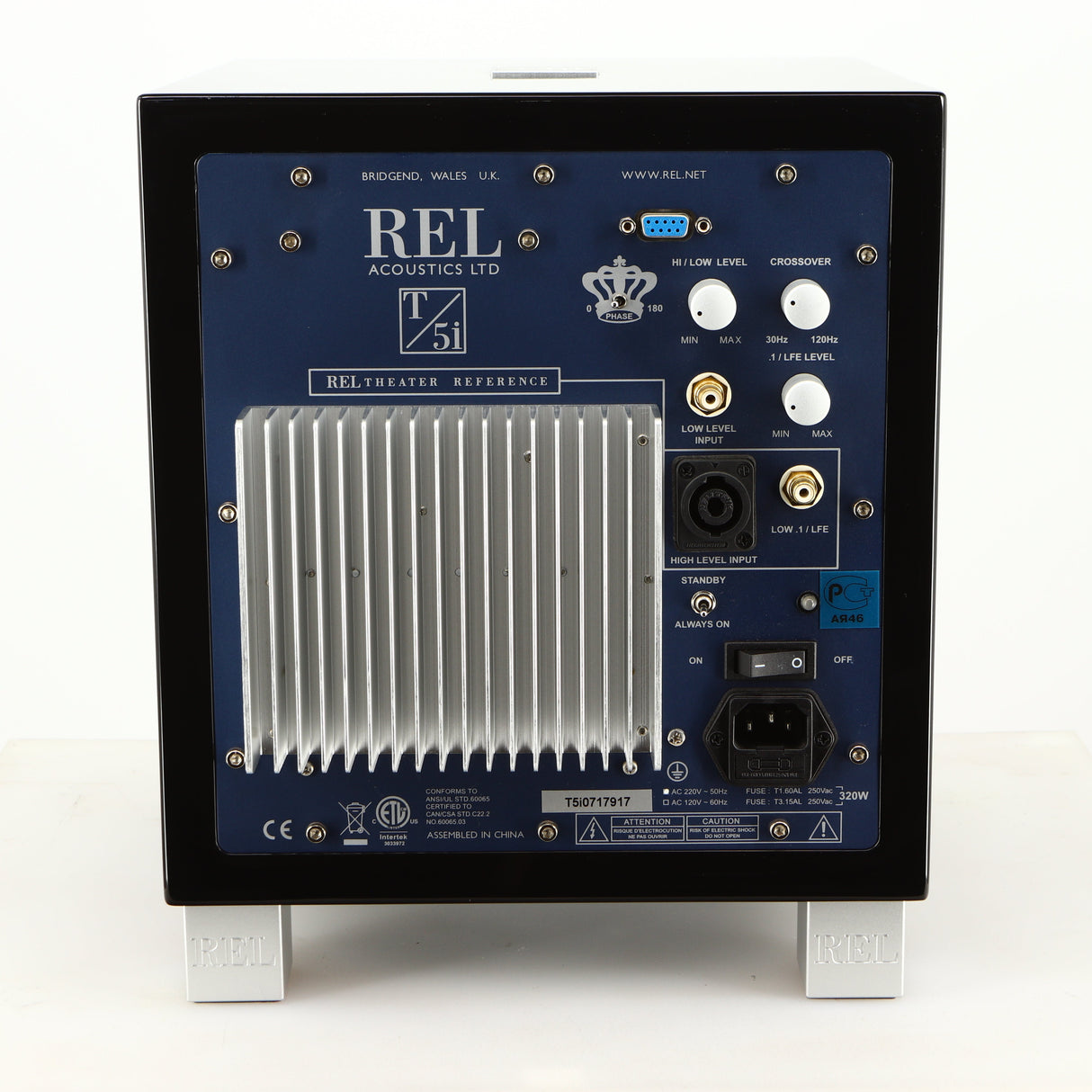 Rear view of a used REL T5i Subwoofer in a piano black finish showing Hi-Level Input and Mains Input 