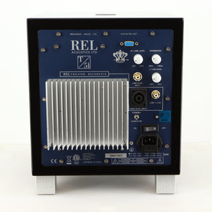 Rear view of a used REL T5i Subwoofer in a piano black finish showing Hi-Level Input and Mains Input 
