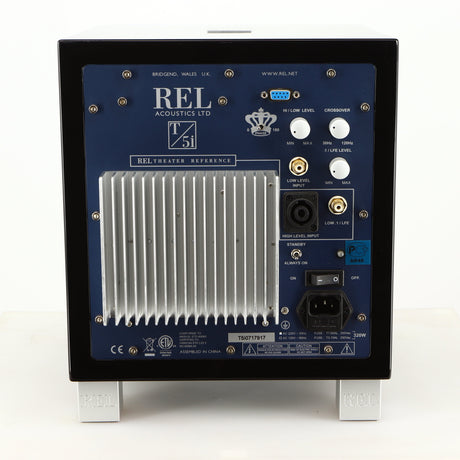 Rear view of a used REL T5i Subwoofer in a piano black finish showing Hi-Level Input and Mains Input 