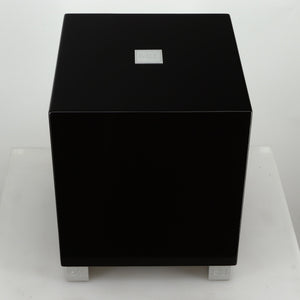 Top view of a REL T5i Subwoofer with a piano black finish 