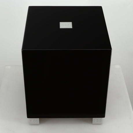 Top view of a REL T5i Subwoofer with a piano black finish 