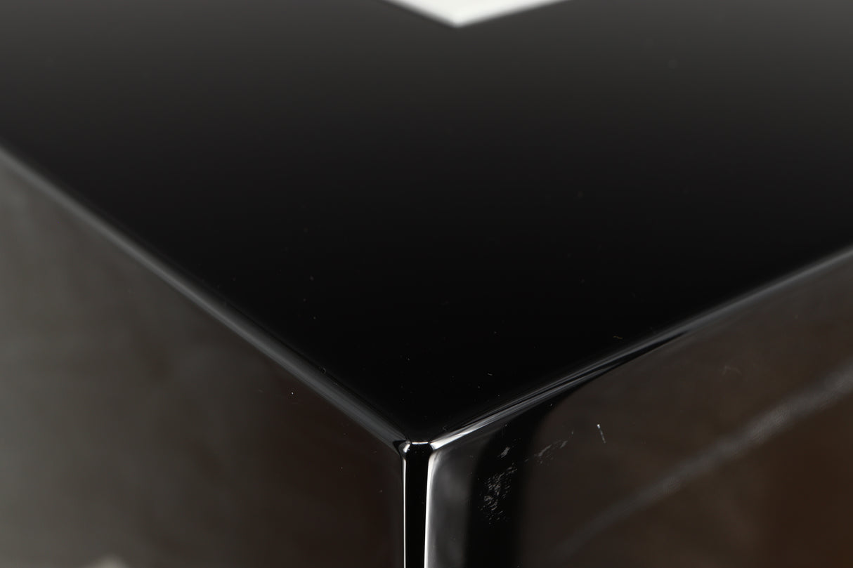 Close up view of a used REL T5i Subwoofer in Piano Black finish with Upgrade Feet