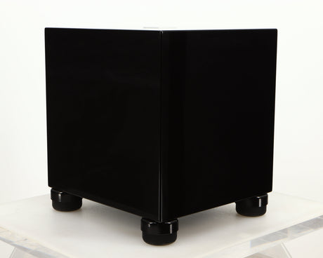 Front left corner of a used REL T5i Subwoofer W/ Upgraded Feet in a piano black finish