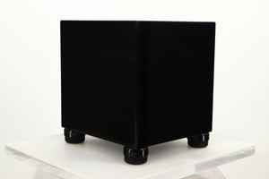 Front left corner view of a used REL T5i Subwoofer in Piano Black finish with Upgrade Feet