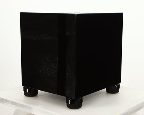 Front right corner of a used REL T5i Subwoofer W/ Upgraded Feet in a piano black finish