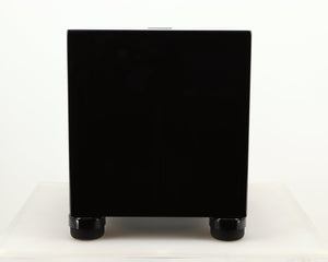 Front view of a used REL T5i Subwoofer W/ Upgraded Feet in a piano black finish