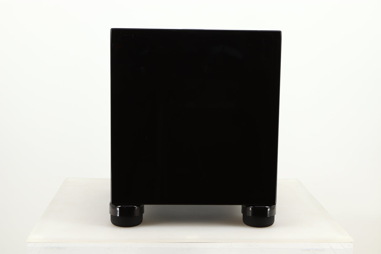 Front view of a used REL T5i Subwoofer in Piano Black finish with Upgrade Feet
