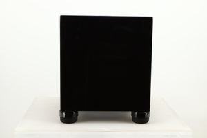 Front view of a used REL T5i Subwoofer in Piano Black finish with Upgrade Feet