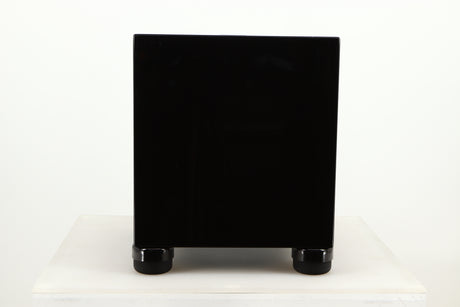 Front view of a used REL T5i Subwoofer in Piano Black finish with Upgrade Feet