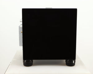 Left side view of a used REL T5i Subwoofer W/ Upgraded Feet in a piano black finish