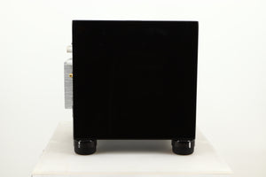 Side view of a used REL T5i Subwoofer in Piano Black finish with Upgrade Feet