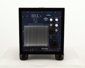 Rear view of a used REL T5i Subwoofer W/ Upgraded Feet in a piano black finish