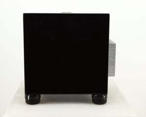 Right side view of a used REL T5i Subwoofer W/ Upgraded Feet in a piano black finish