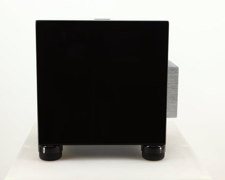Right side view of a used REL T5i Subwoofer W/ Upgraded Feet in a piano black finish