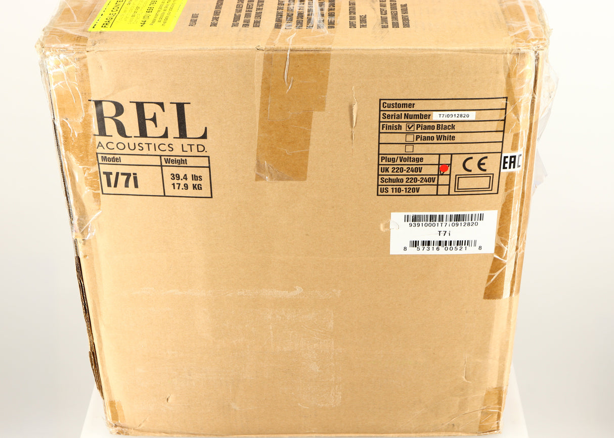 Box for a used REL T7i Subwoofer in a piano black finish