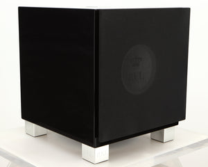 Front left corner of a used REL T7i Subwoofer in a piano black finish
