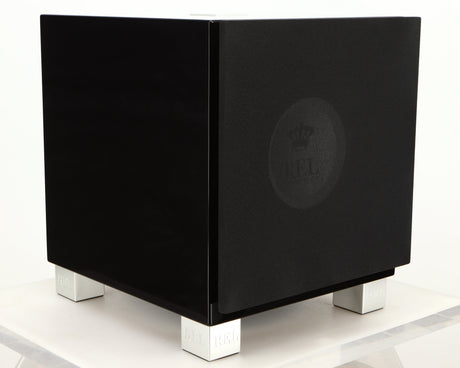 Front left corner of a used REL T7i Subwoofer in a piano black finish
