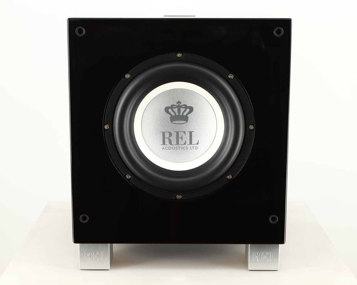 Front view of a used REL T7i Subwoofer in a piano black finish
