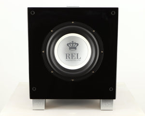Front view of a used REL T7i Subwoofer in a piano black finish