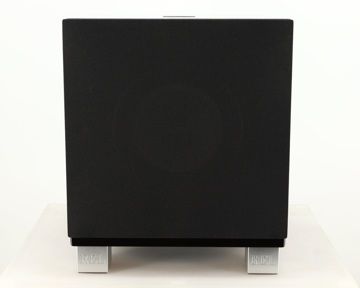 Front view of a used REL T7i Subwoofer in a piano black finish showing Grille