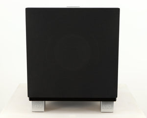 Front view of a used REL T7i Subwoofer in a piano black finish showing Grille