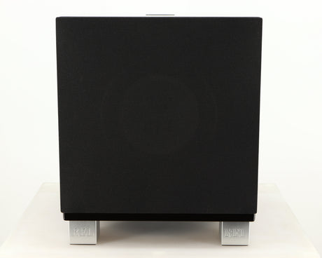 Front view of a used REL T7i Subwoofer in a piano black finish showing Grille