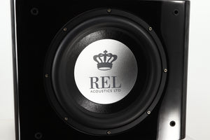 Close up view of a used REL T9X Subwoofer in Piano Black finish