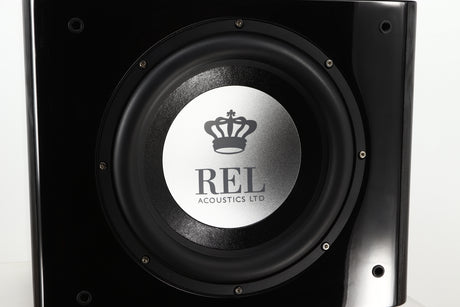 Close up view of a used REL T9X Subwoofer in Piano Black finish