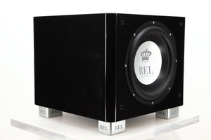 Front left corner view of a used REL T9X Subwoofer in Piano Black finish