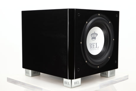 Front left corner view of a used REL T9X Subwoofer in Piano Black finish
