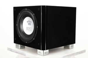 Front right corner view of a used REL T9X Subwoofer in Piano Black finish