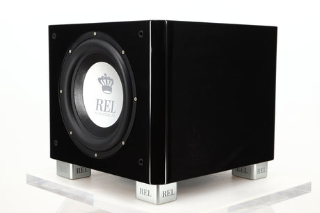 Front right corner view of a used REL T9X Subwoofer in Piano Black finish