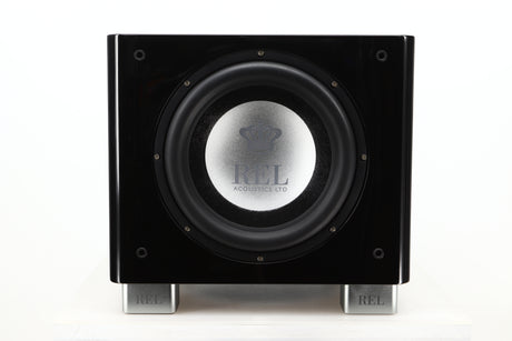 Front view of a used REL T9X Subwoofer in Piano Black finish