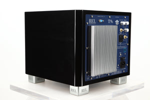 Rear left corner view of a used REL T9X Subwoofer in Piano Black finish